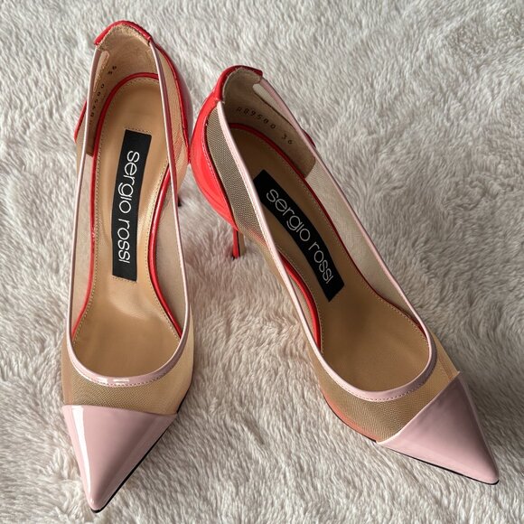 SERGIO ROSSI 'Godiva' Pink Patent Leather & Mesh Pointed Toe Pumps - Picture 1 of 9